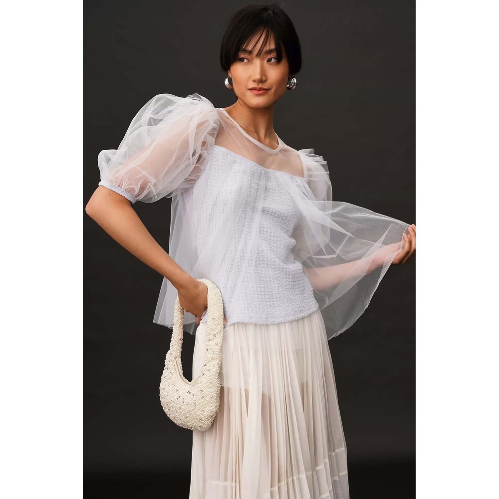 Anthropologie Sheer Puff Sleeve Tulle Overlay Blouse Light Blue Textured‎ Top M